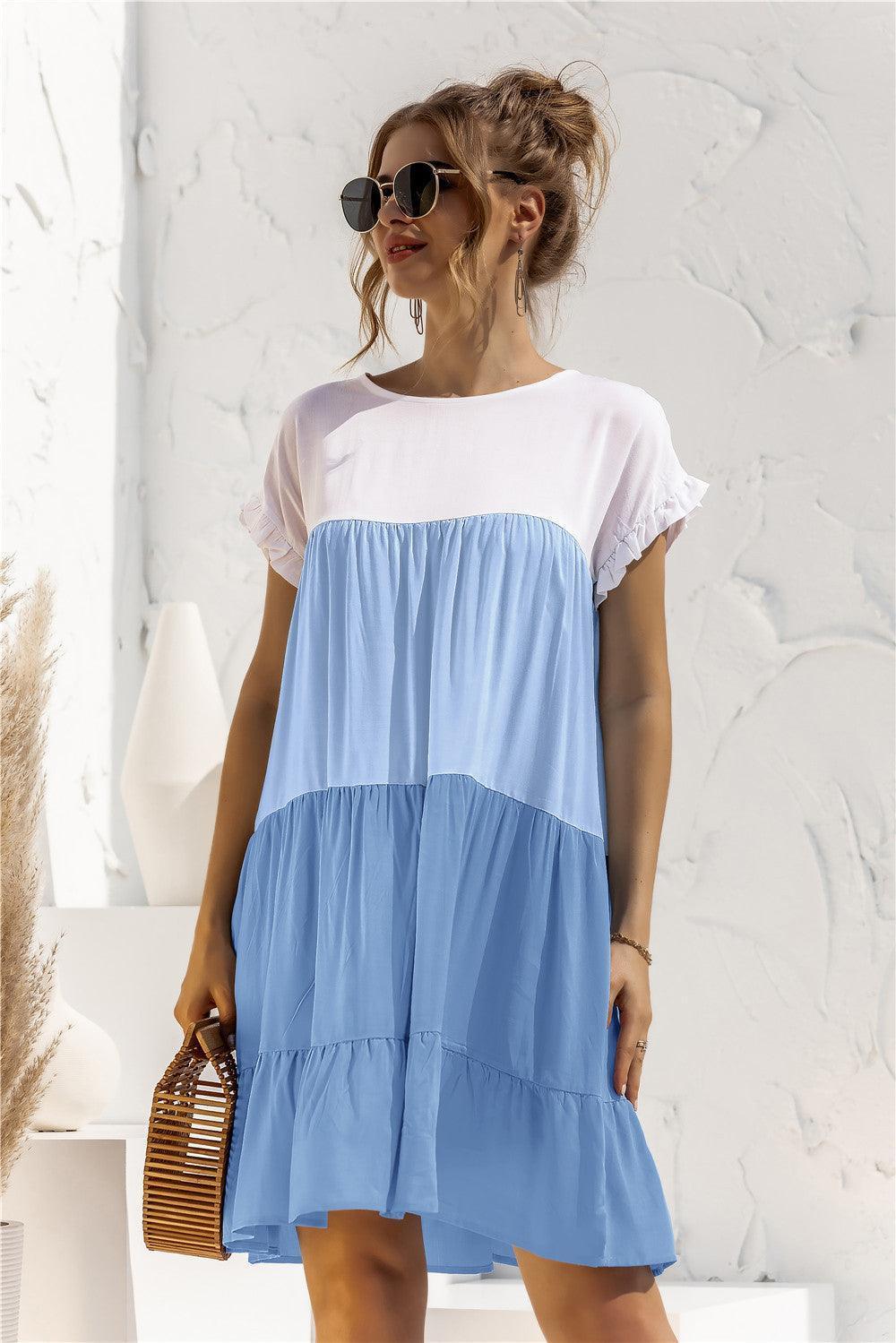 Color Block Round Neck Ruffle Hem Dress - ClubOn