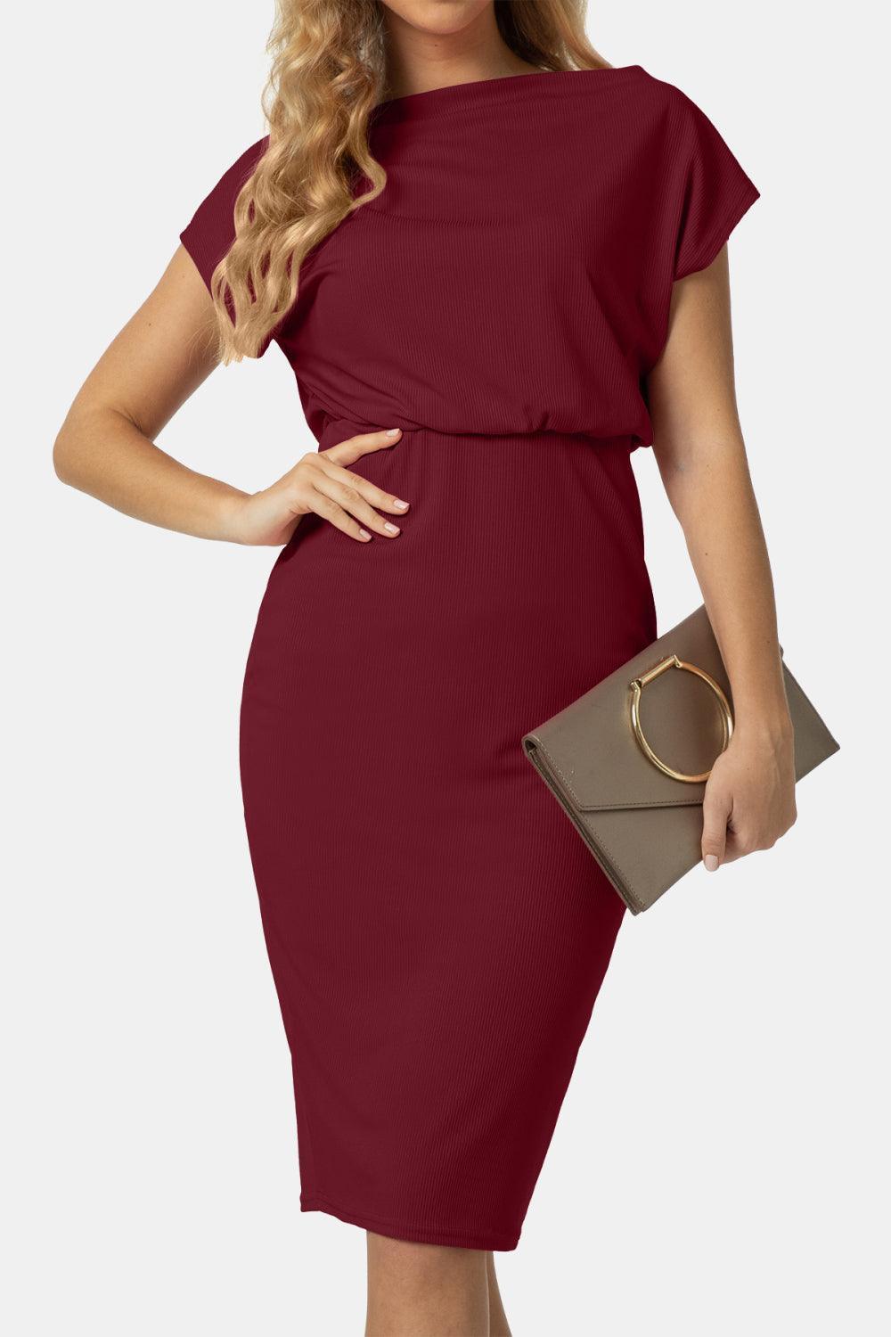 Boat Neck Short Sleeve Knee-Length Dress - ClubOn