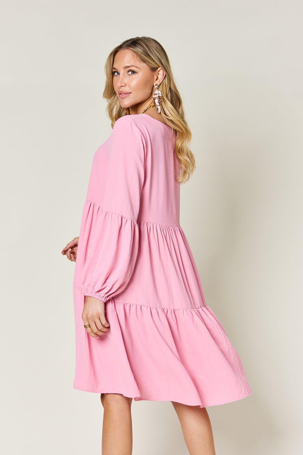 Double Take Full Size V-Neck Balloon Sleeve Tiered Dress with Pockets - ClubOn