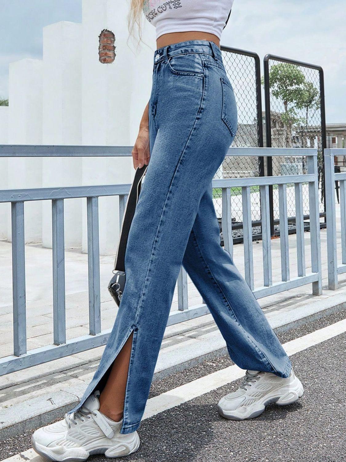 Slit High Waist Jeans with Pockets - ClubOn