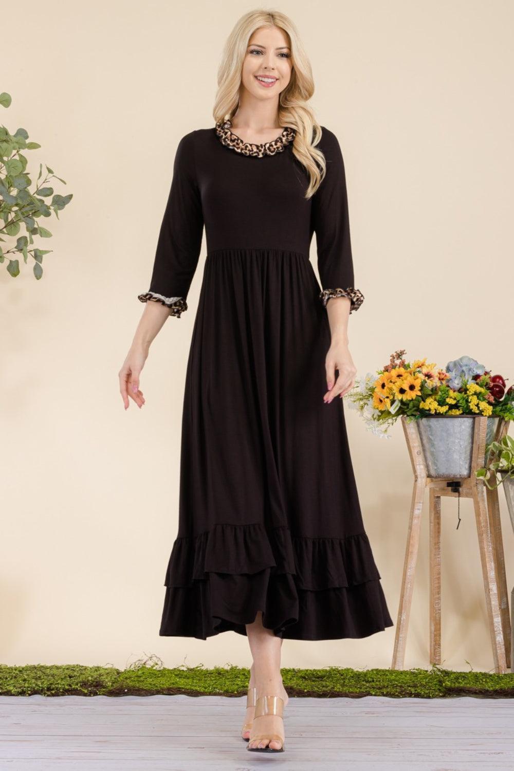 Celeste Full Size Leopard Ruffle Detail Midi Dress - ClubOn