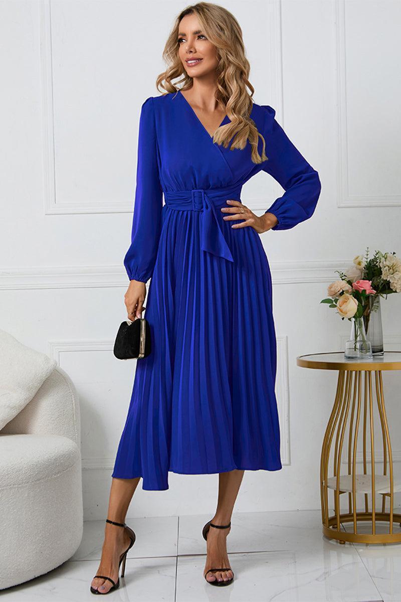 V-Neck Long Sleeve Tie Waist Midi Dress - ClubOn