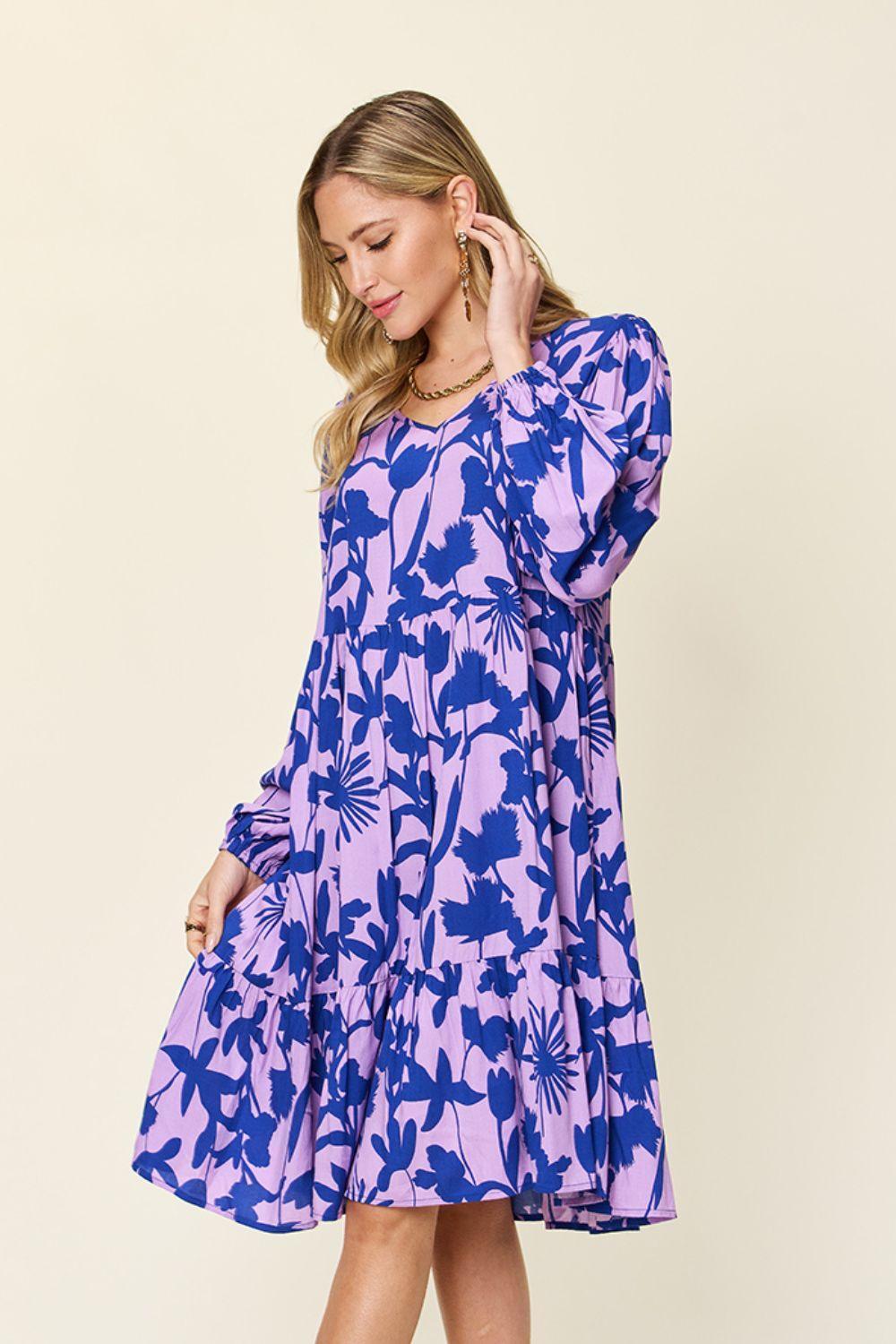 Double Take Full Size Printed Ruffle Hem Dress with Pocket - ClubOn