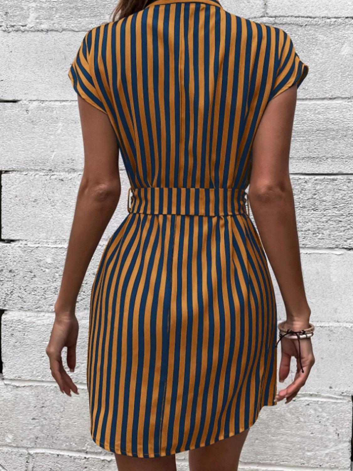 Tied Striped Cap Sleeve Mini Dress - ClubOn