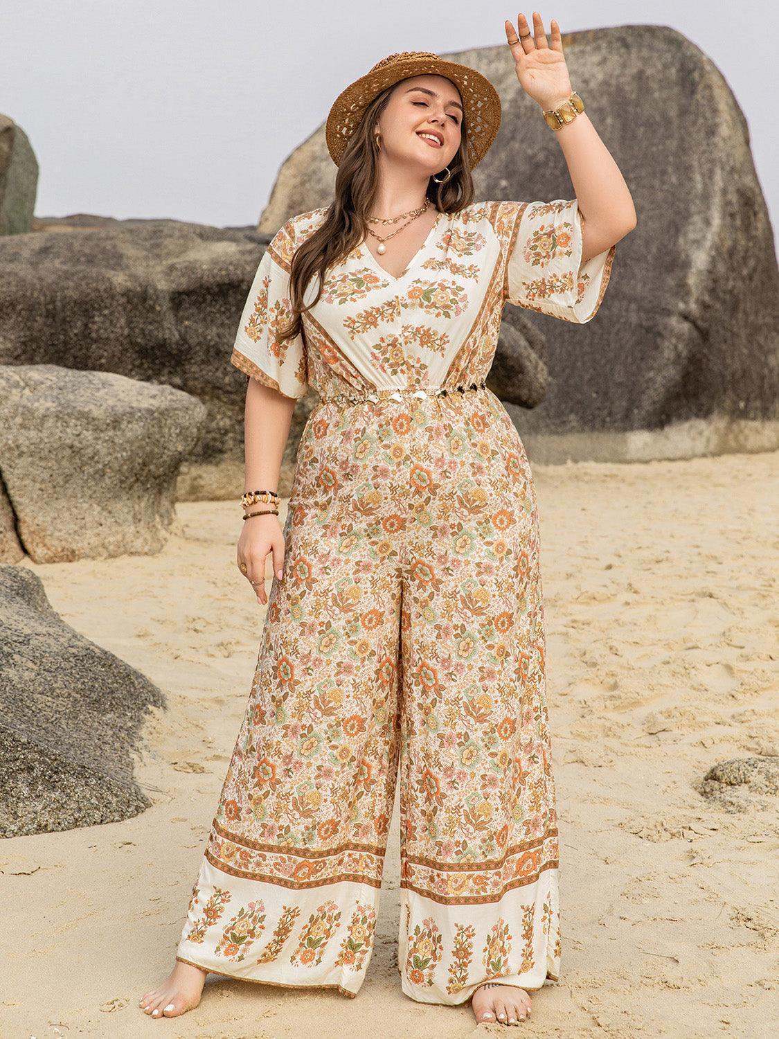Plus Size V-Neck Flutter Sleeve Wide Leg Jumpsuit - ClubOn