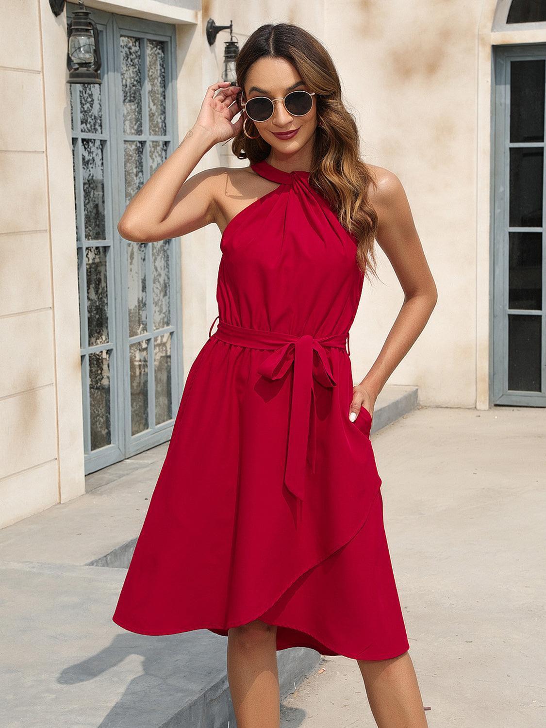 Tied Round Neck Sleeveless Dress - ClubOn