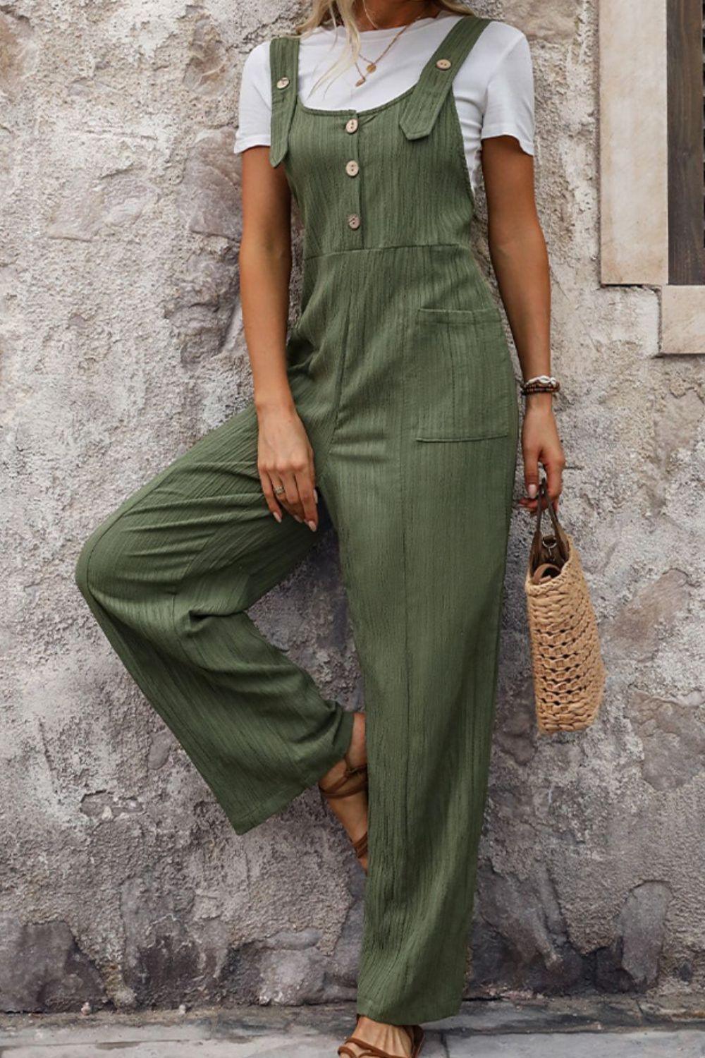 Perfee Textured Pocketed Wide Strap Overalls - ClubOn