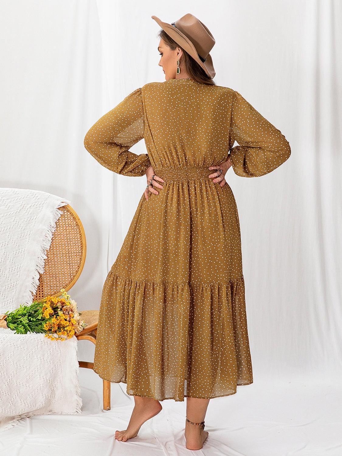 Plus Size Polka Dot Tie Neck Balloon Sleeve Maxi Dress - ClubOn