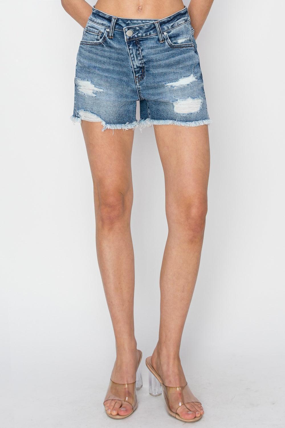 RISEN Stepped Waist Frayed Denim Shorts - ClubOn