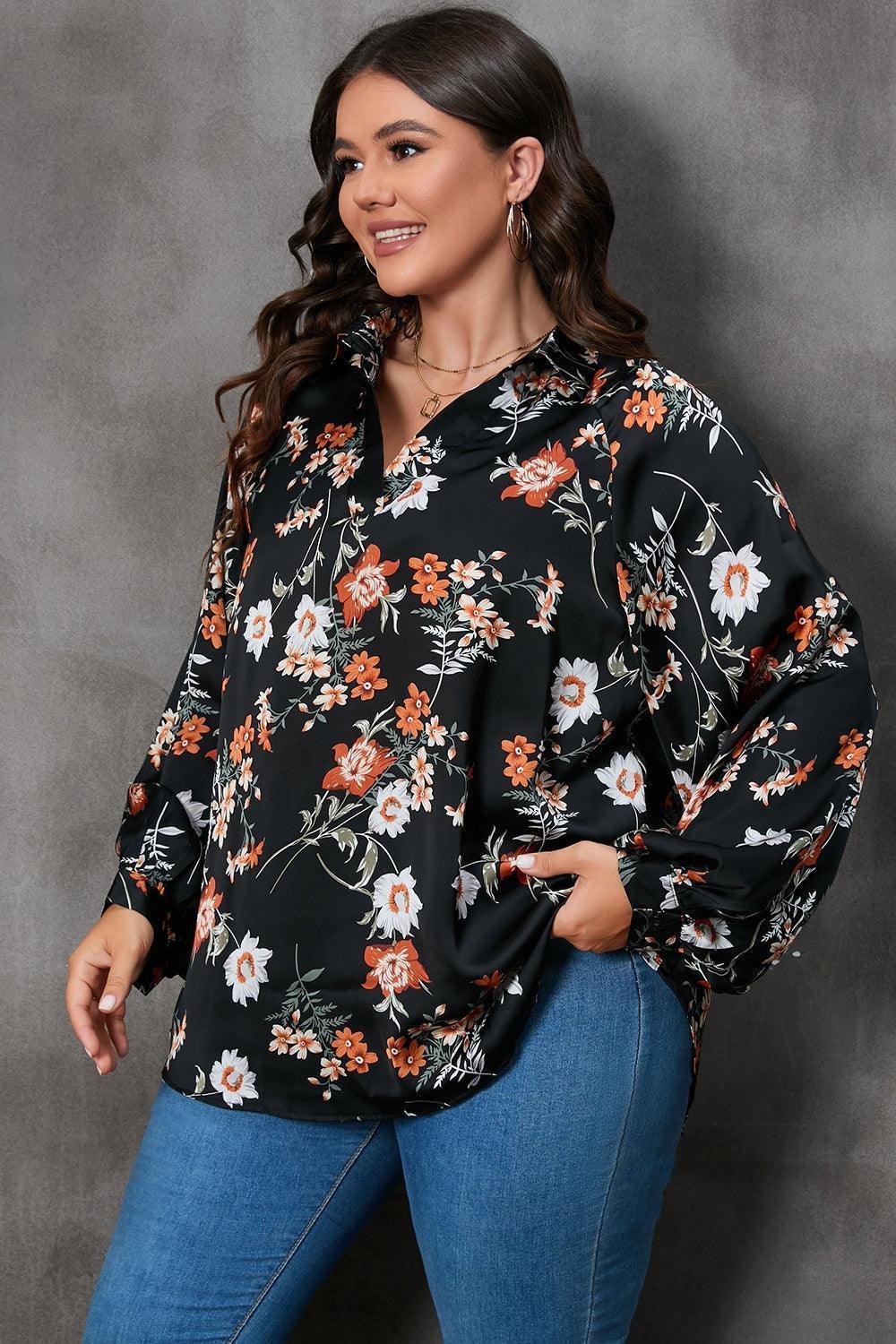 Plus Size Printed Johnny Collar Long Sleeve Blouse - ClubOn