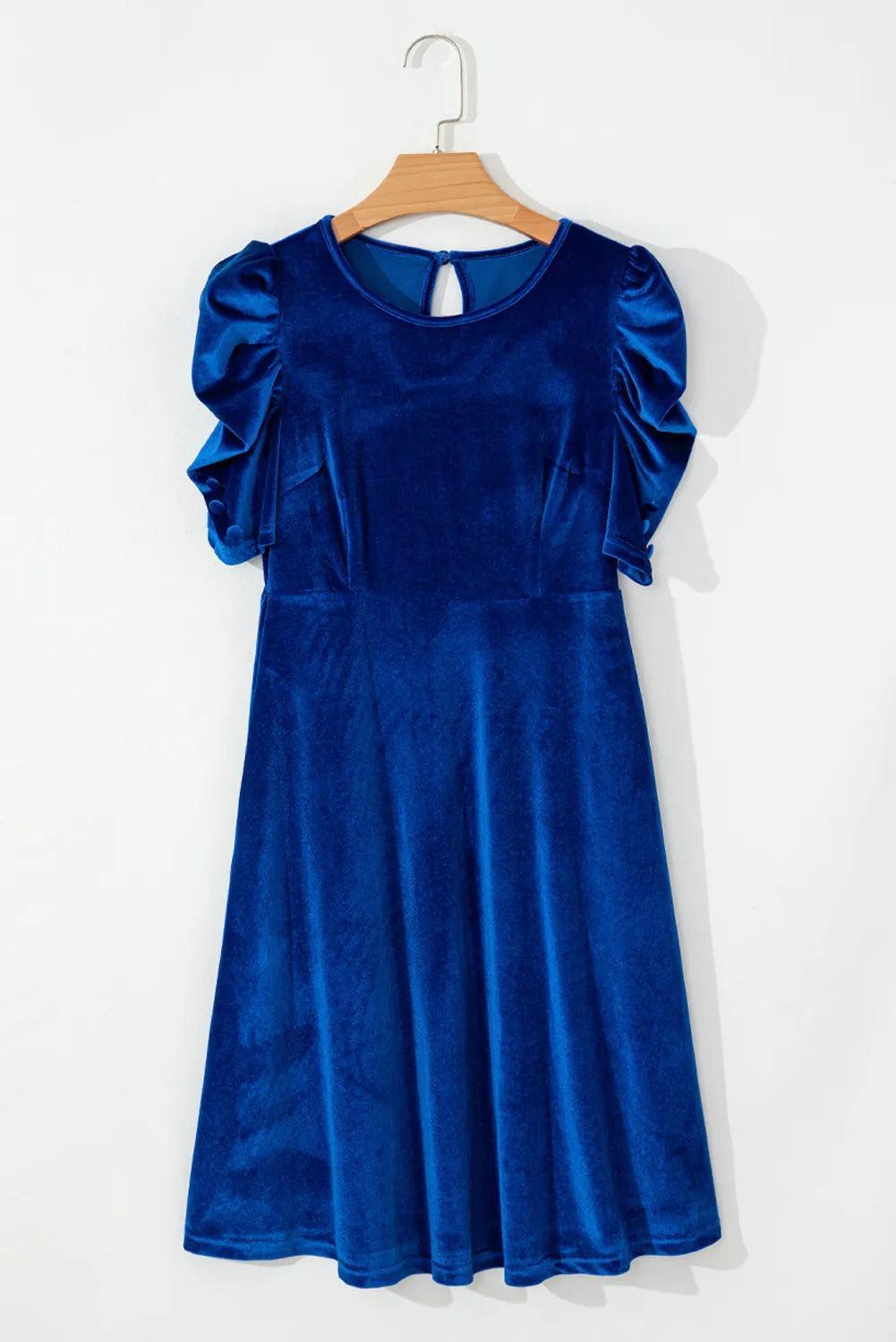 Velvet Round Neck Puff Sleeve Dress - ClubOn