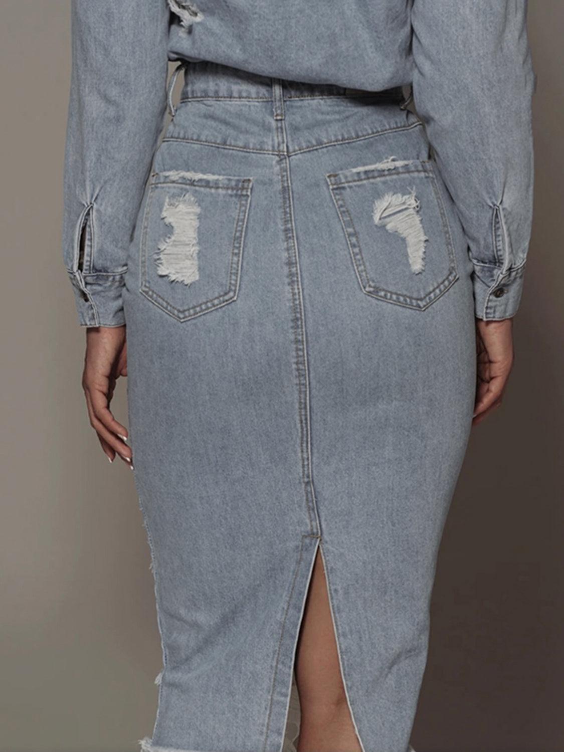 Distressed Slit Denim Skirt - ClubOn