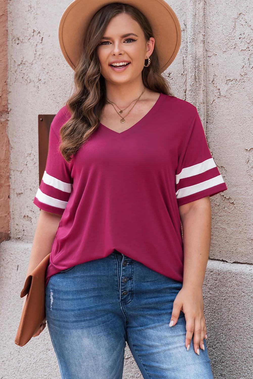 Plus Size Striped V-Neck Tee Shirt - ClubOn