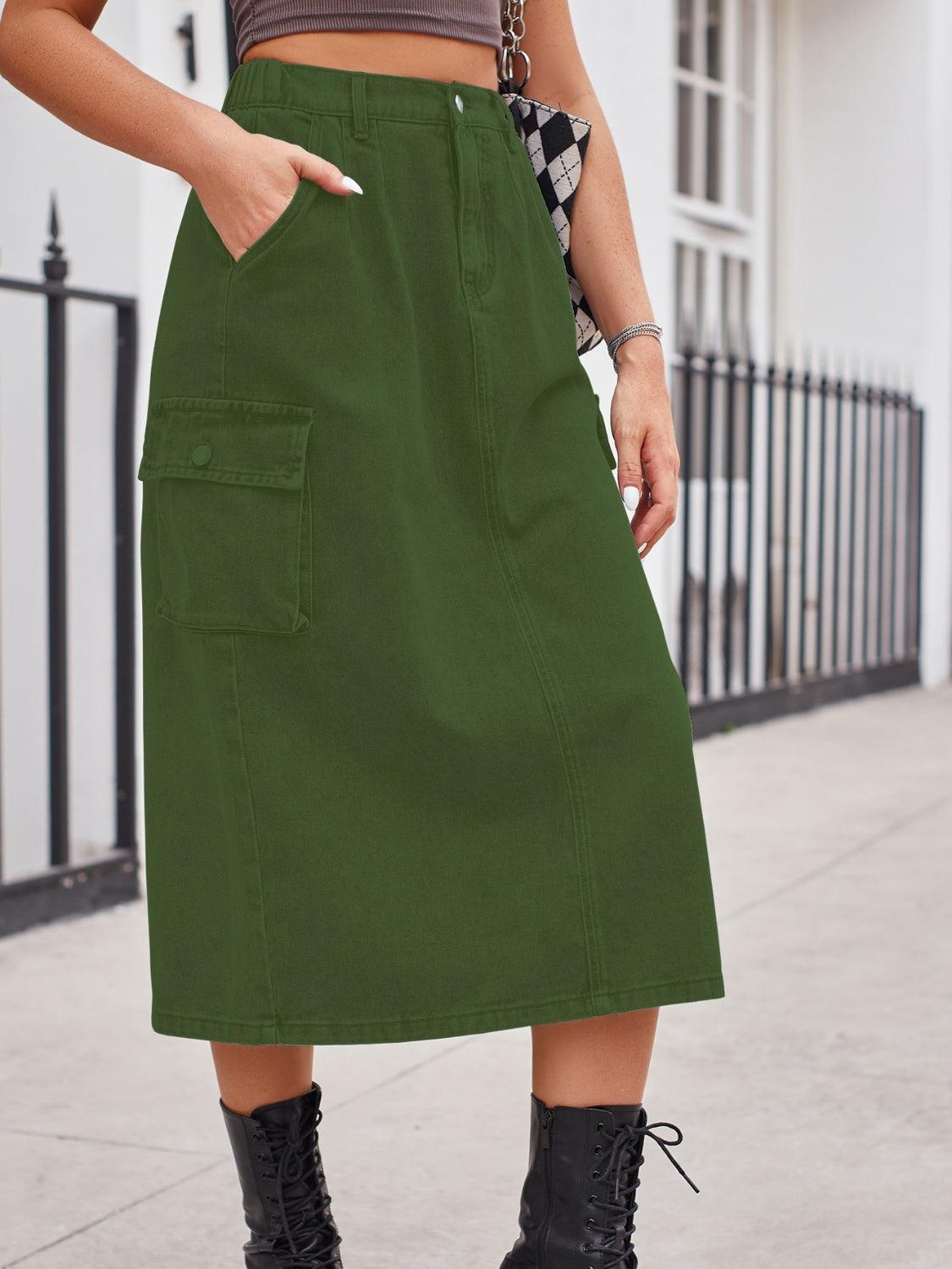 Slit Buttoned Denim Skirt with Pockets - ClubOn