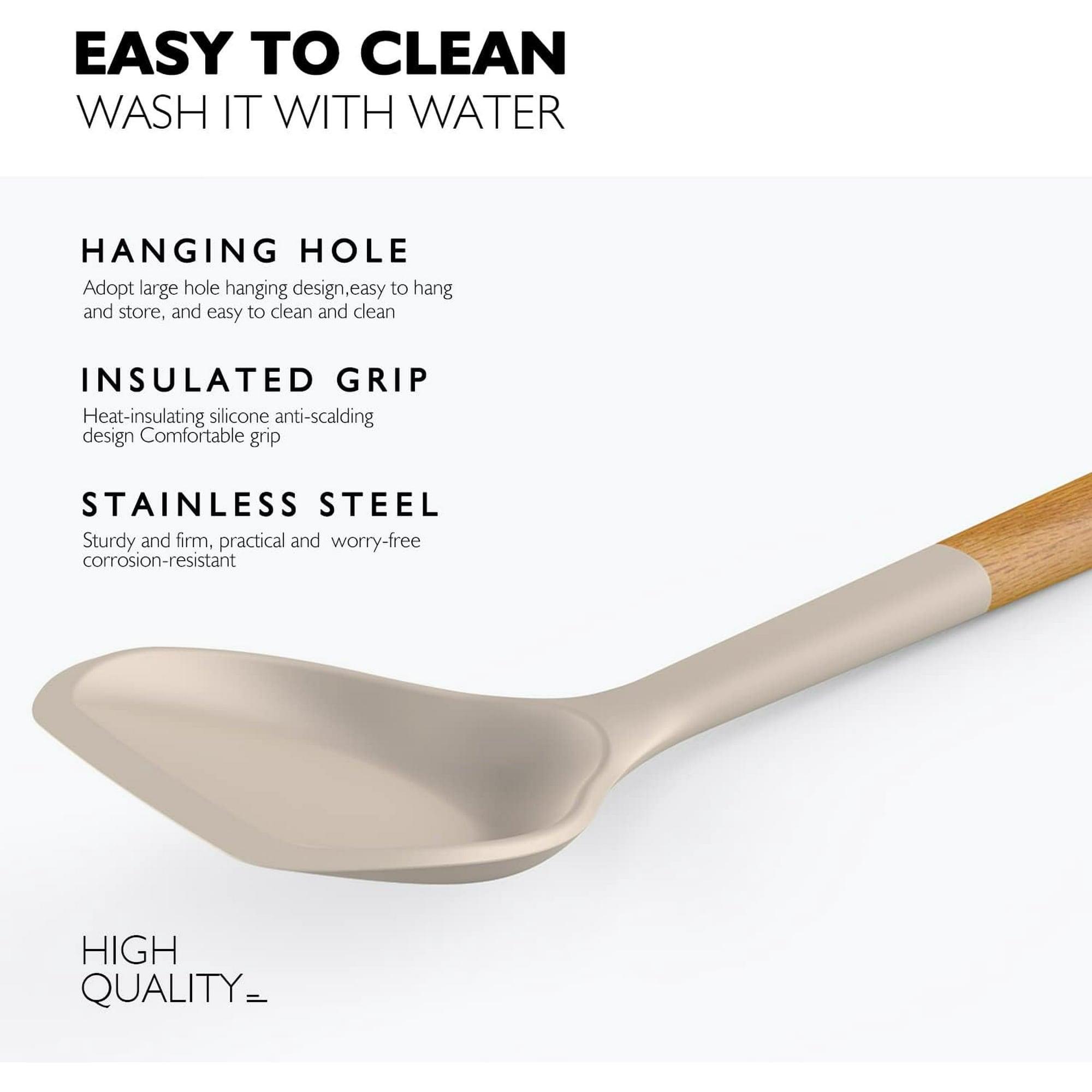 Large Silicone Cooking Utensils Set – Heat-Resistant Kitchen Tools with Wooden Handles, Spatula, Turner, Slotted Spoon, Pasta Server, Khaki - ClubOn