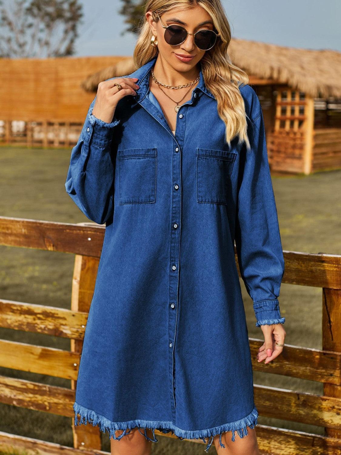 Button Up Collared Neck Raw Hem Denim Dress - ClubOn