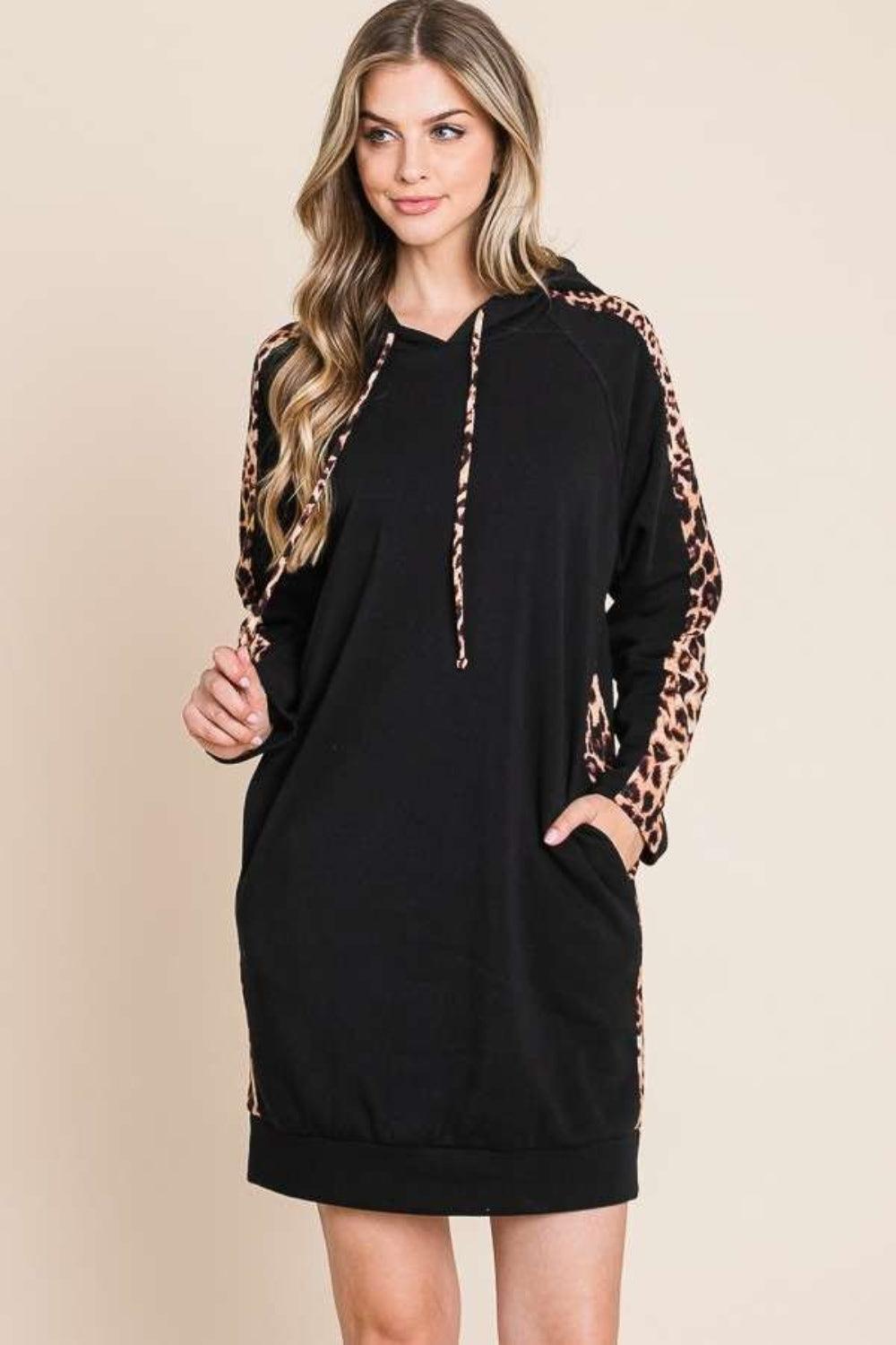 Culture Code Drawstring Leopard Long Sleeve Hooded Dress - ClubOn
