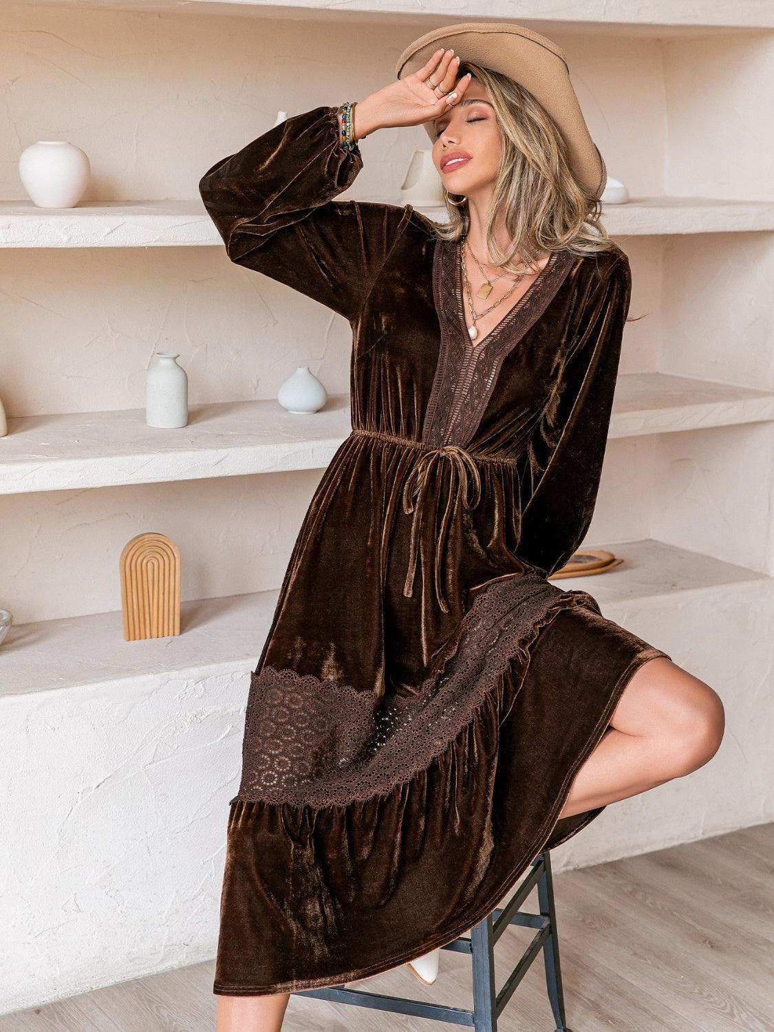 Drawstring V-Neck Crochet Dress - ClubOn