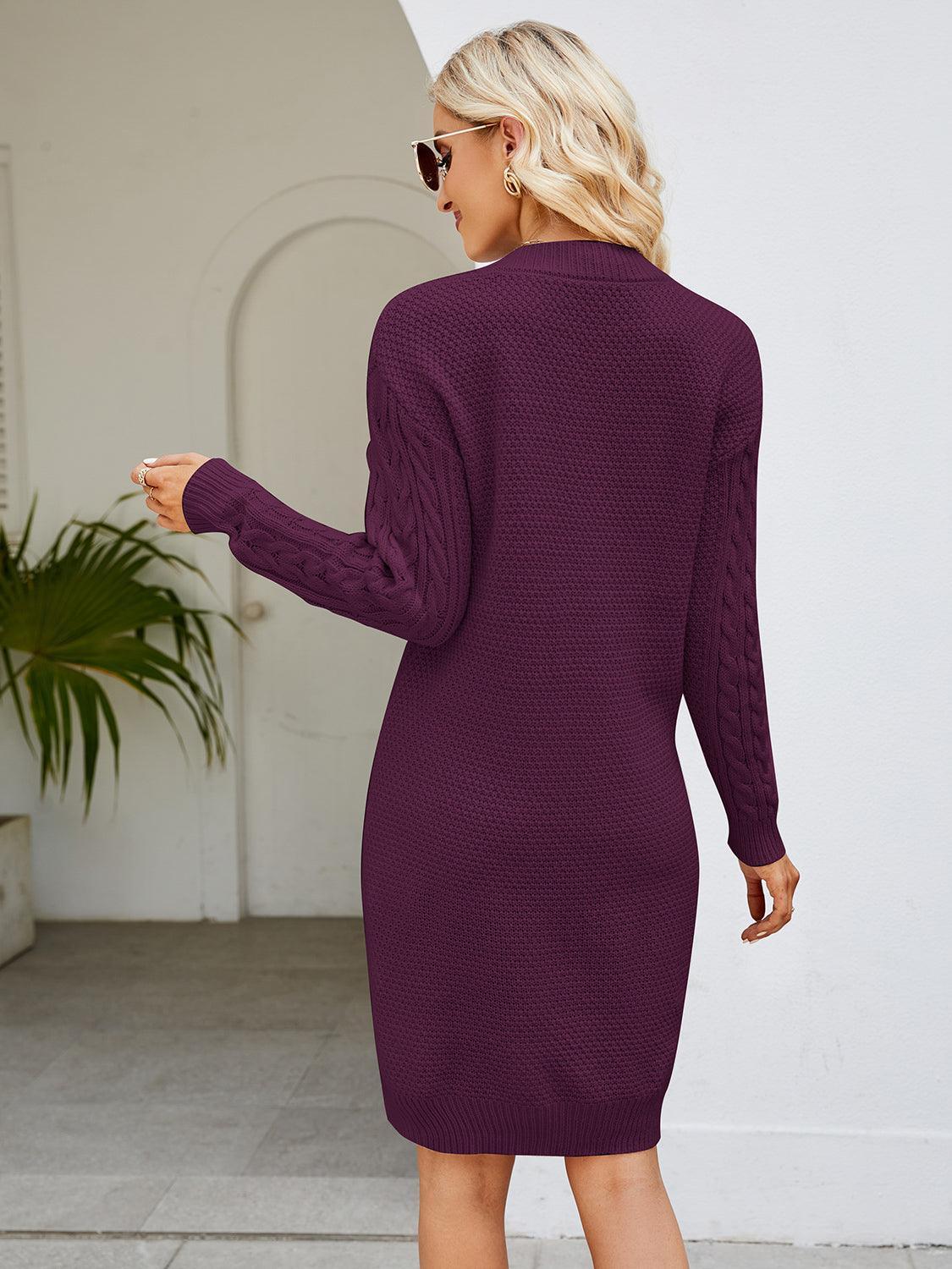 Cable-Knit V-Neck Mini Sweater Dress - ClubOn