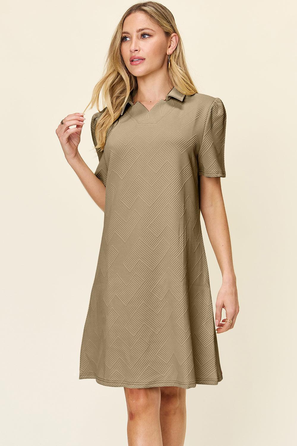 Double Take Full Size Texture Collared Neck Short Sleeve Dress - ClubOn