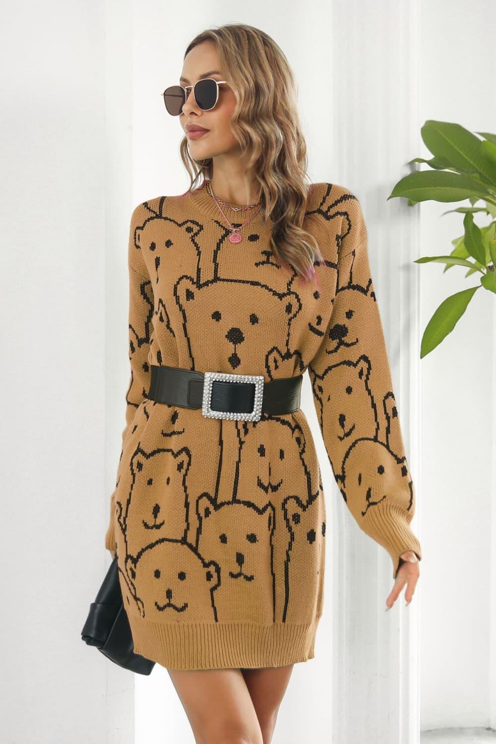 Bear Pattern Round Neck Sweater Dress - ClubOn