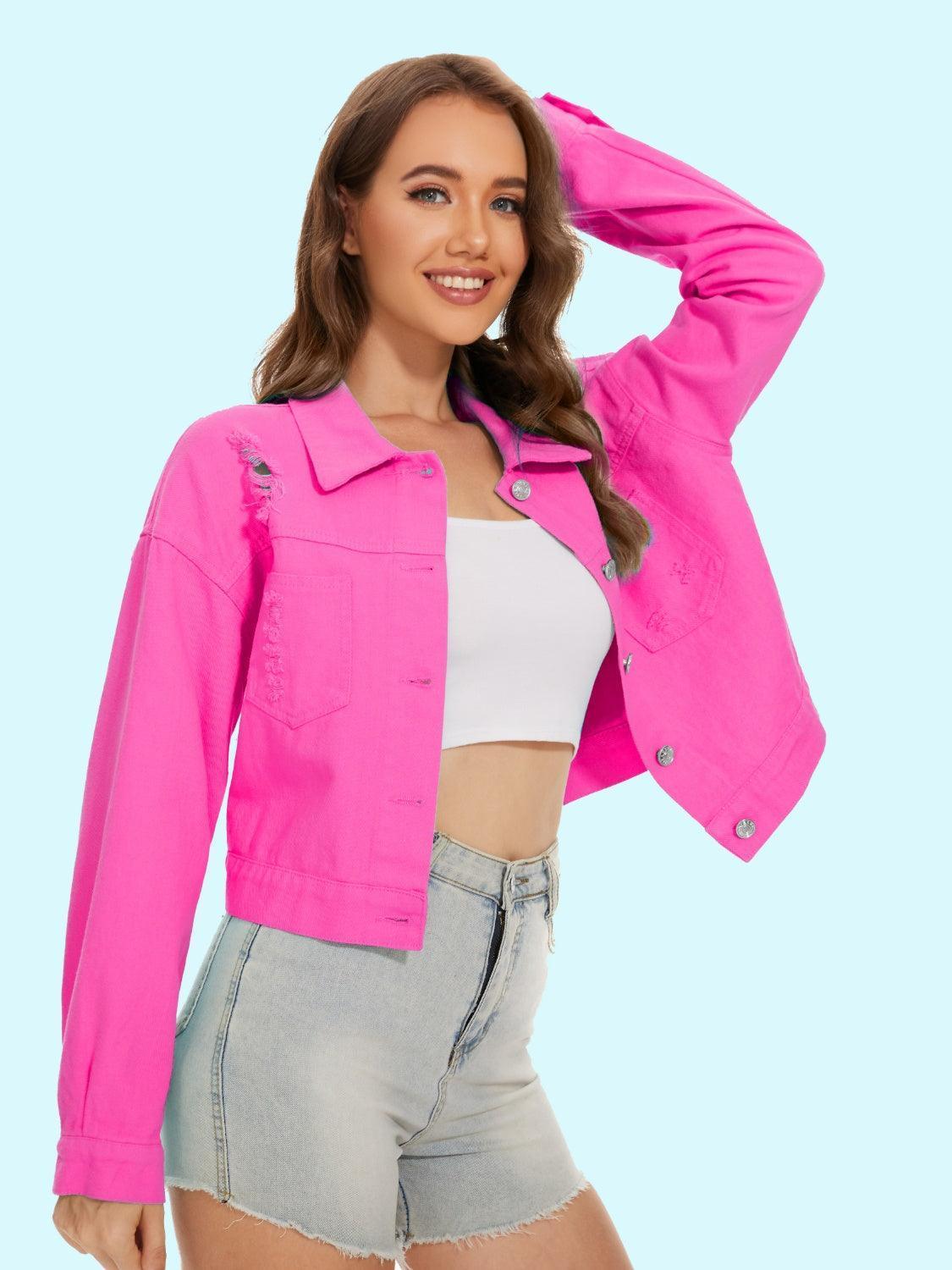 Distressed Distressed Button Up Denim Jacket - ClubOn