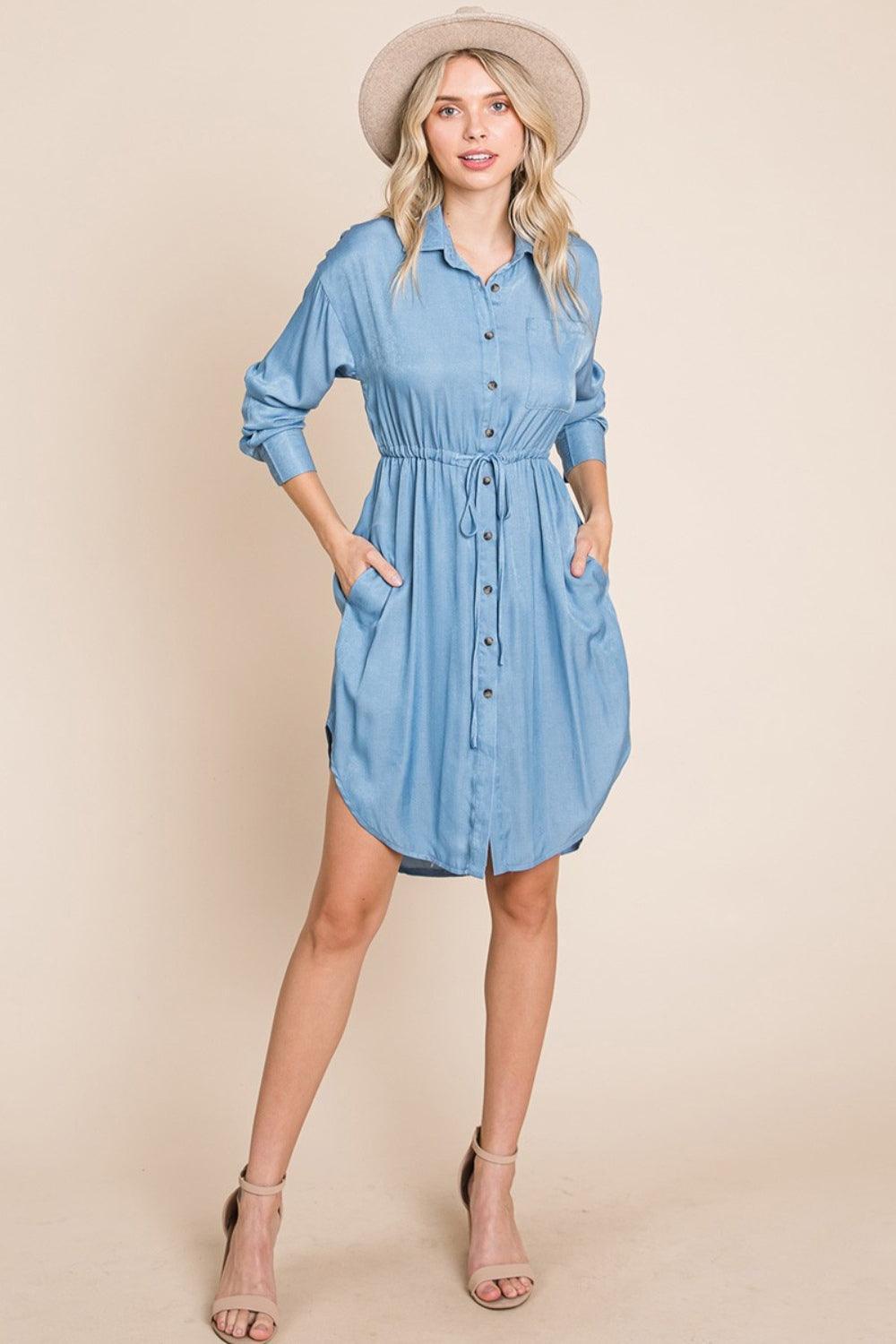 Faith Apparel Button Up Drawstring Shirt Dress - ClubOn