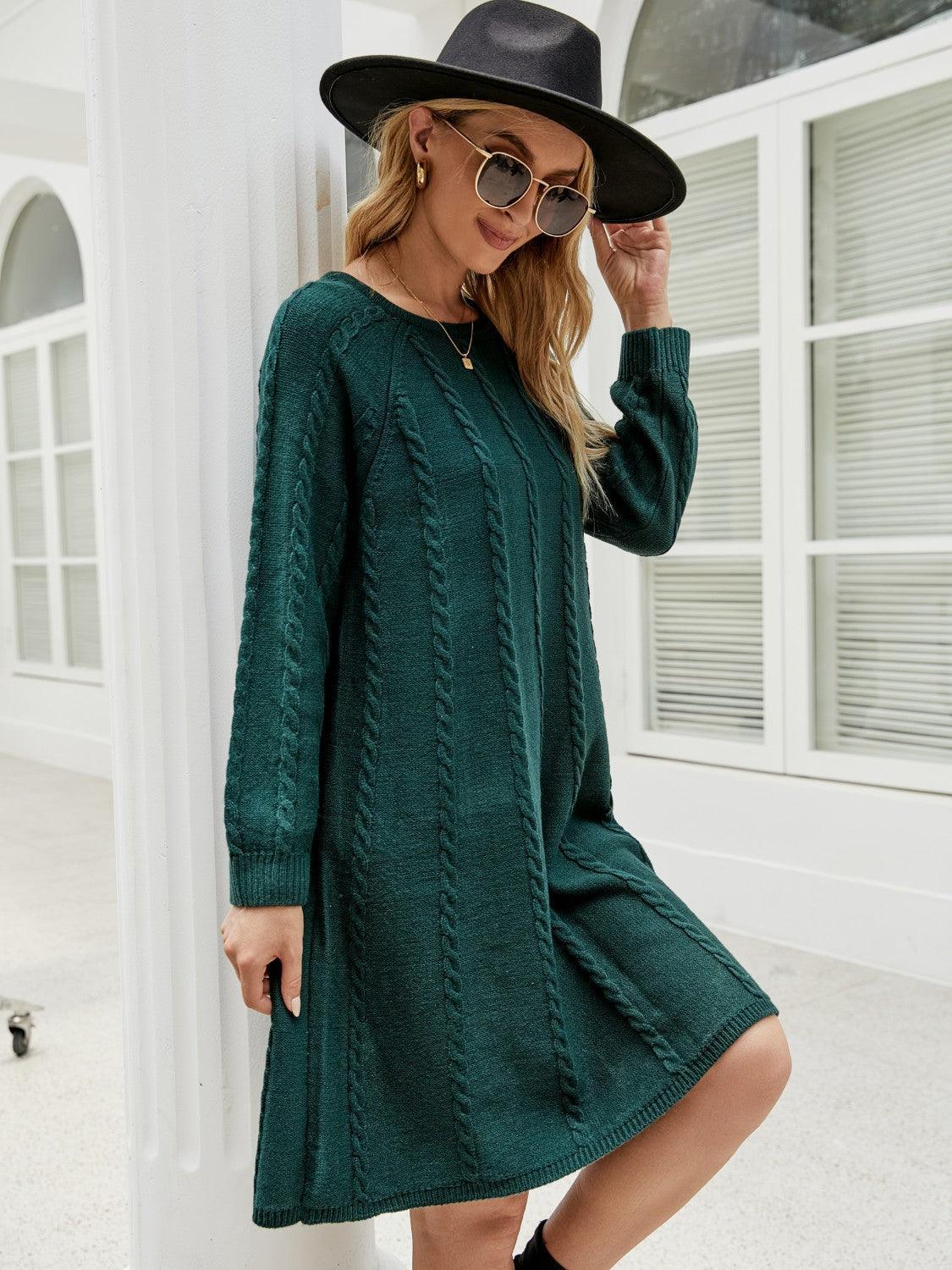 Cable-Knit Long Sleeve Sweater Dress - ClubOn