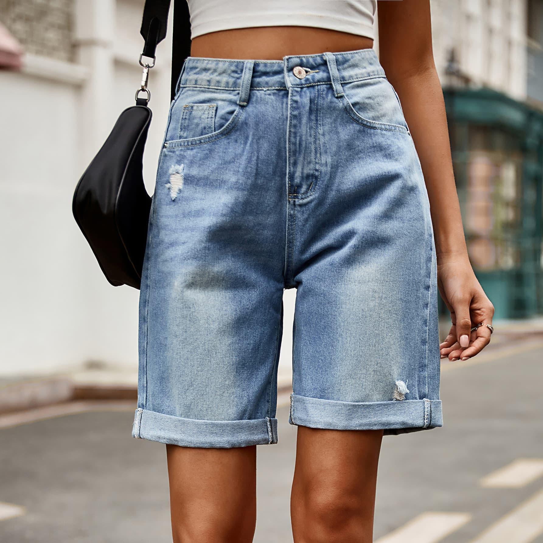 Distressed Buttoned Denim Shorts with Pockets - ClubOn