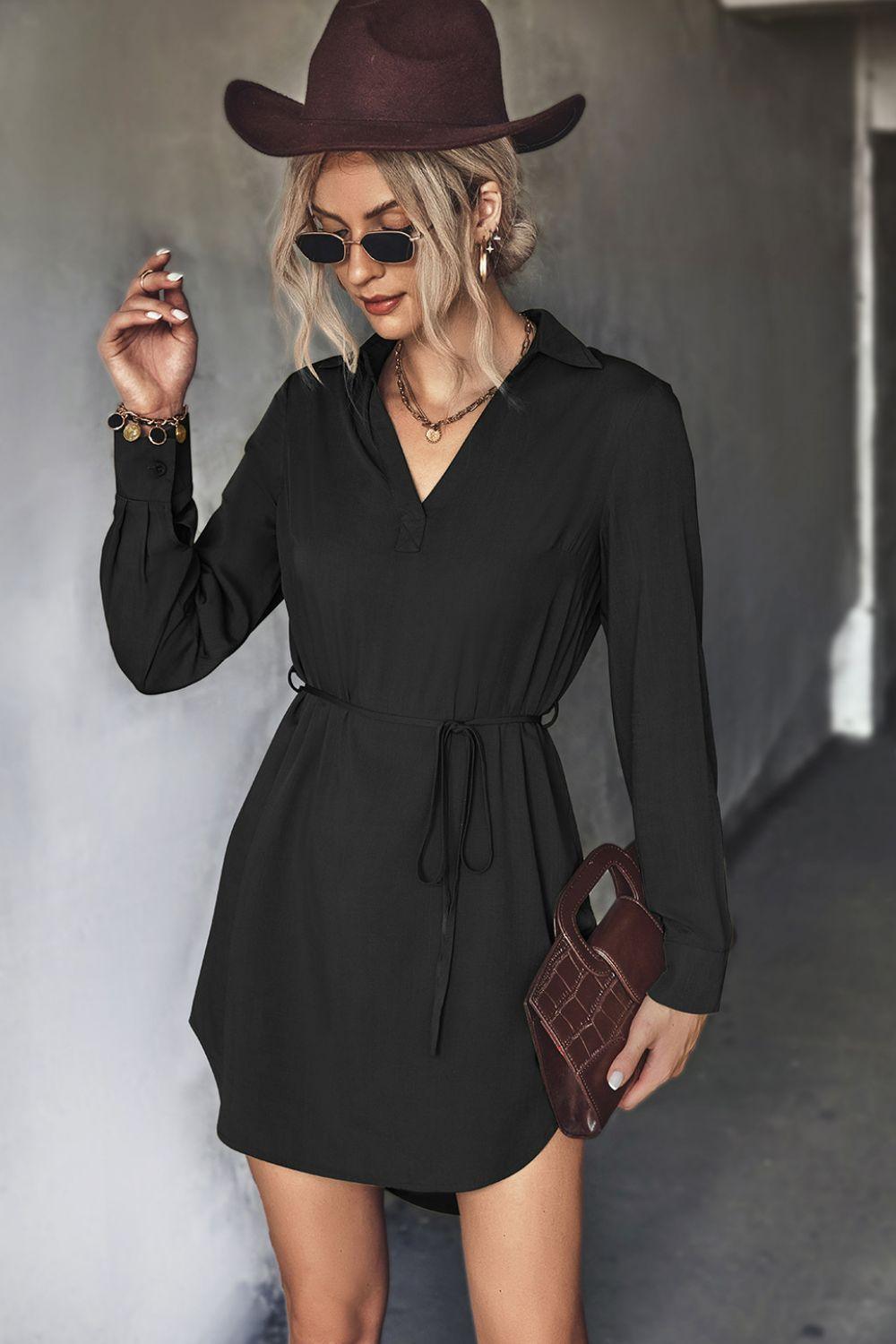 Belted Johnny Collar High-Low Shirt Dress - ClubOn
