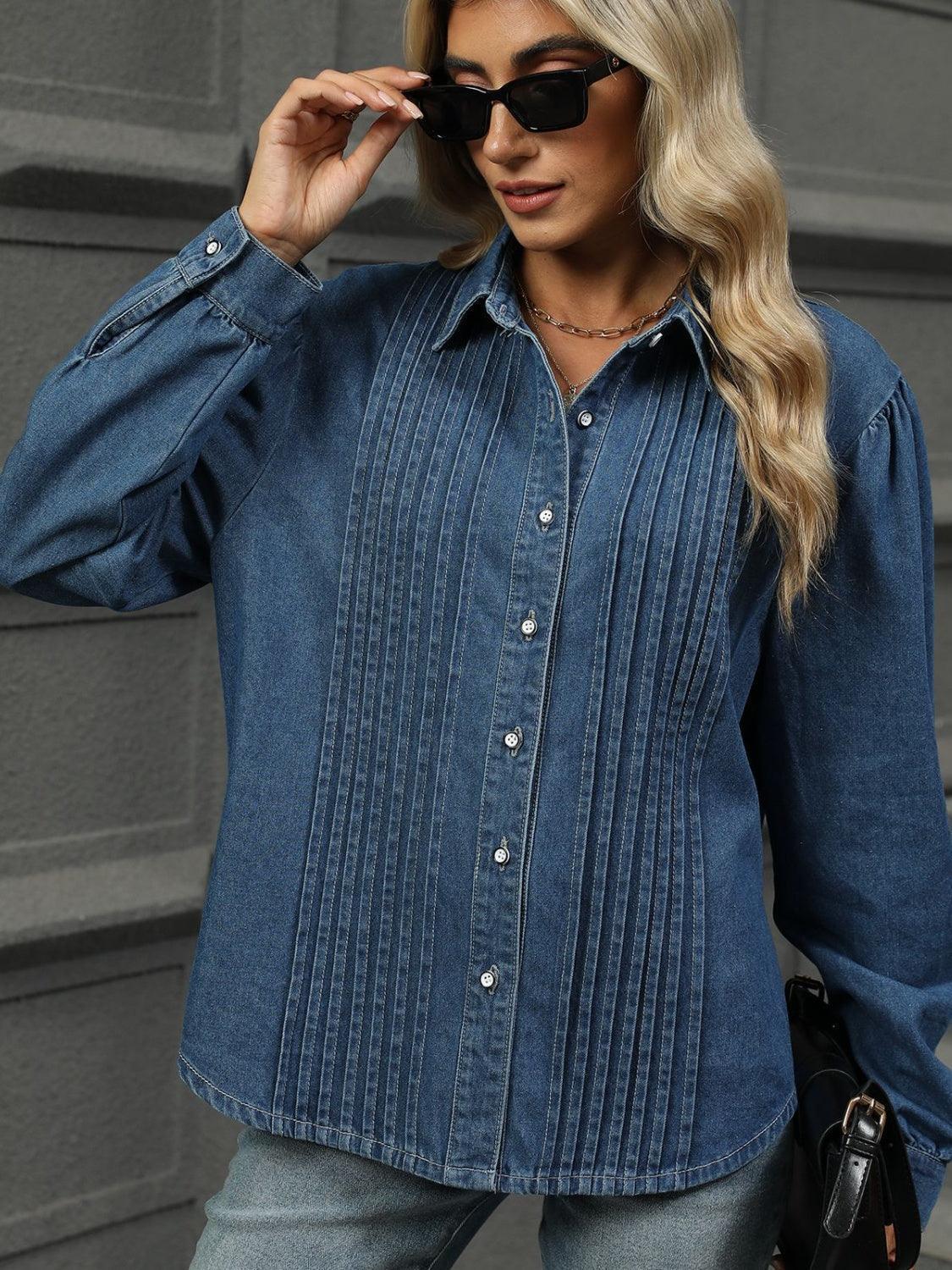 Button Down Collared Neck Long Sleeve Denim Top - ClubOn