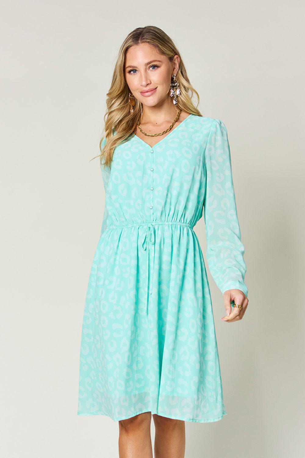 Double Take Full Size Printed Ruched V-Neck Long Sleeve Dress - ClubOn