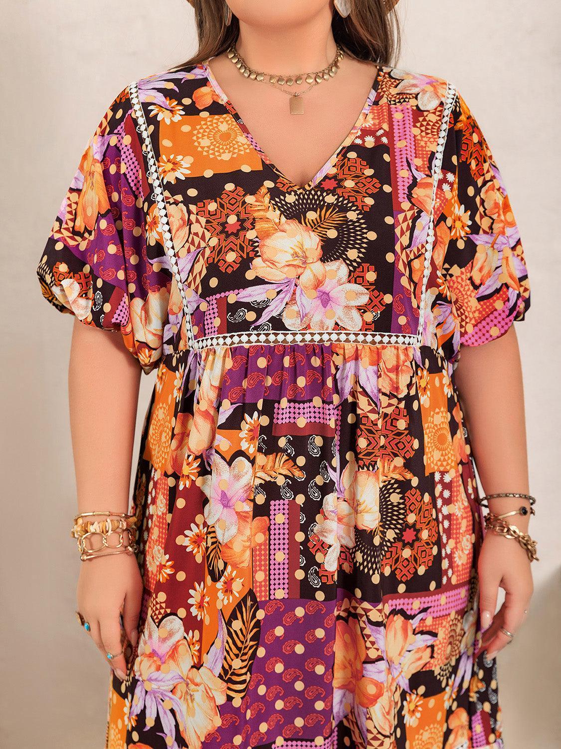 Plus Size Printed V-Neck Half Sleeve Maxi Dress - ClubOn