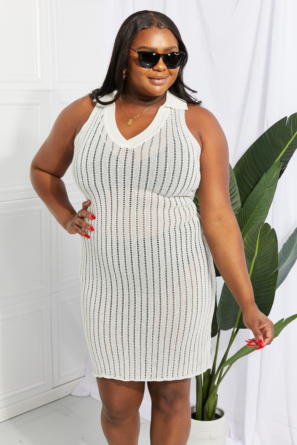 Openwork Johnny Collar Cover Up Dress - ClubOn