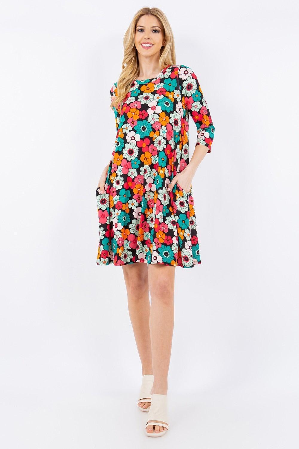 Celeste Full Size Floral Three-Quarter Sleeve Dress with Pockets - ClubOn