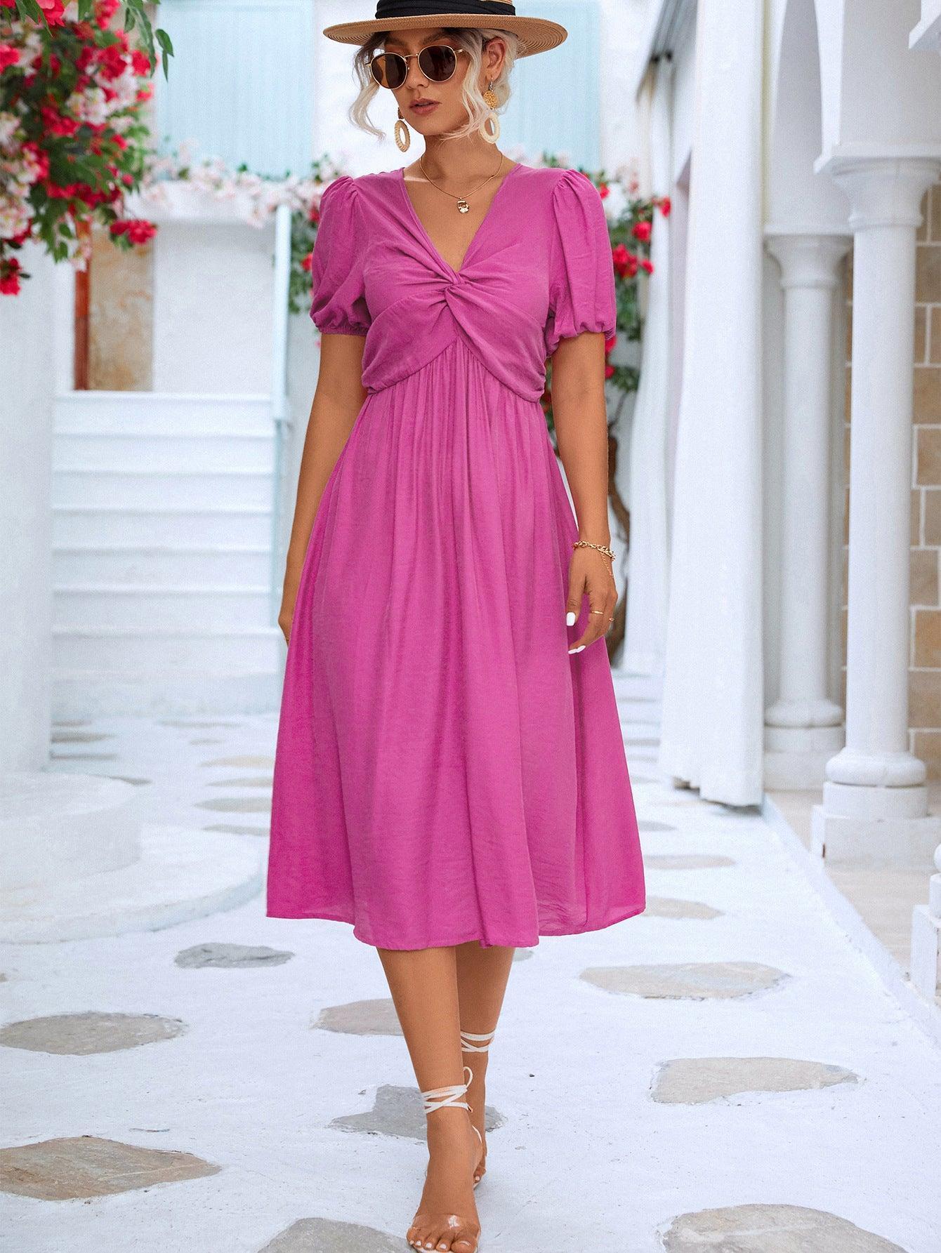 Twisted Short Puff Sleeve V-Neck Dress - ClubOn