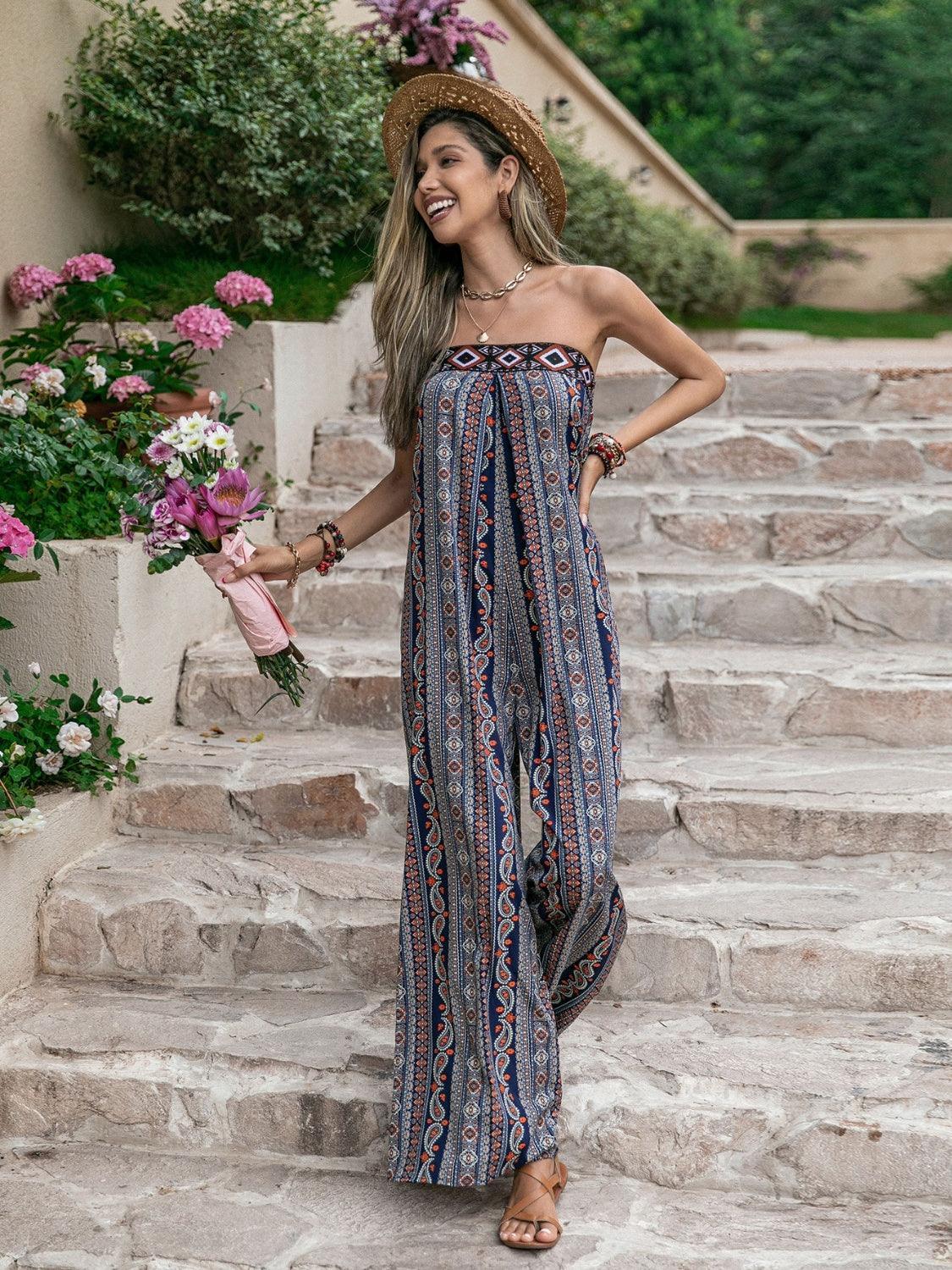 Tied Printed Tube Wide Leg Jumpsuit - ClubOn