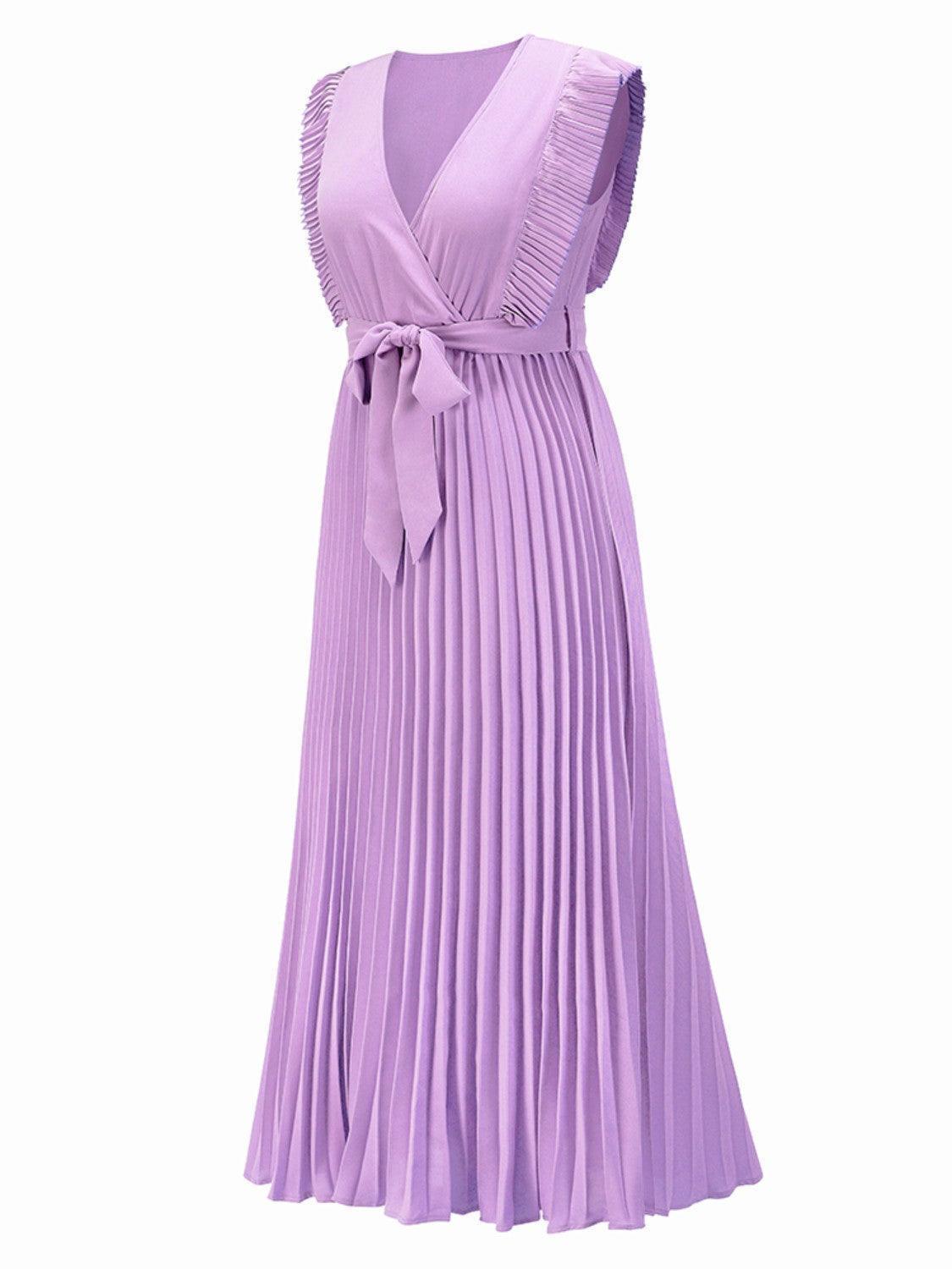 Tied Surplice Cap Sleeve Pleated Dress - ClubOn