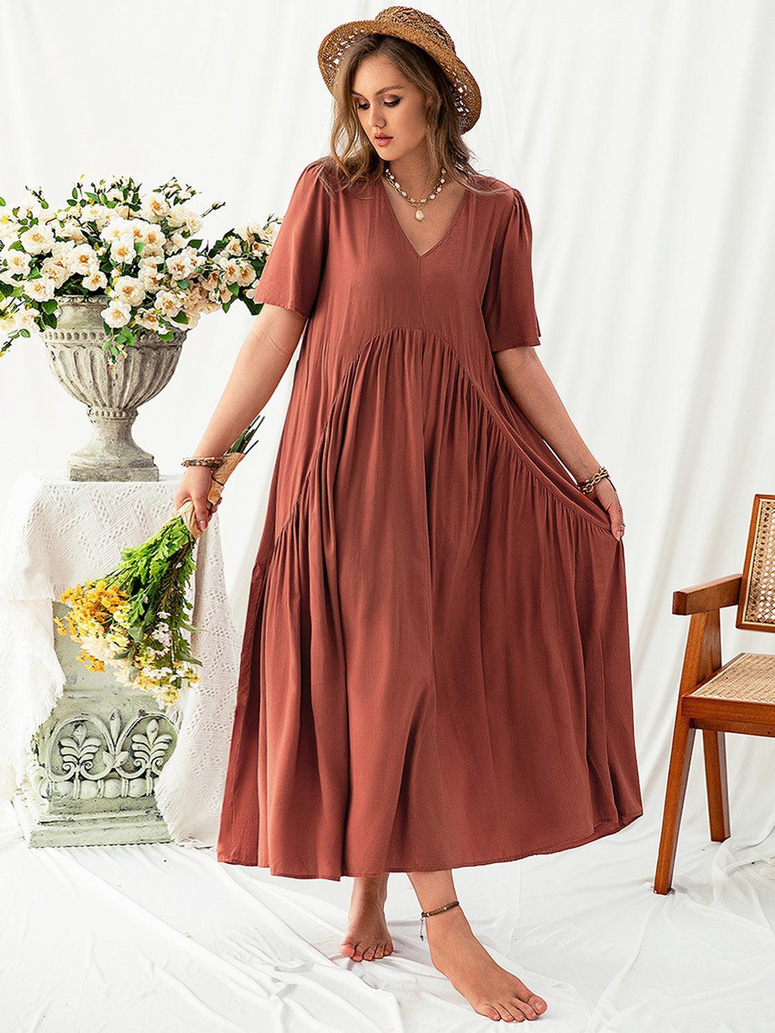 Plus Size V-Neck Flutter Sleeve Midi Dress - ClubOn