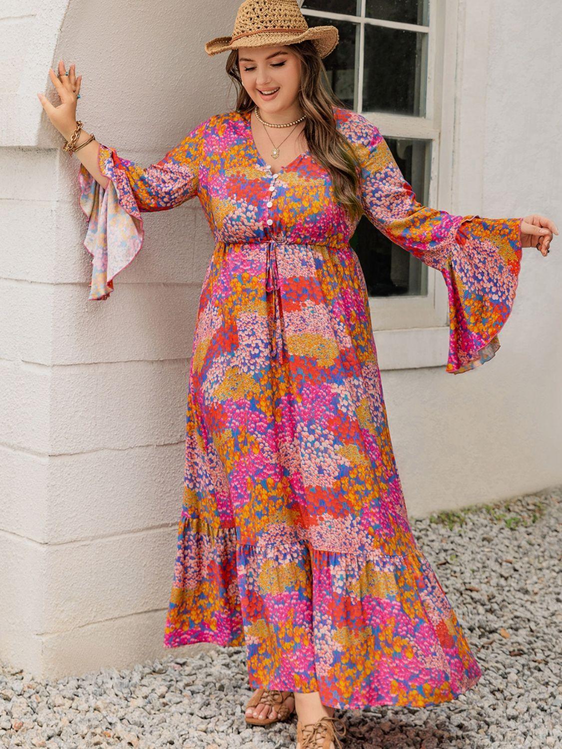 Plus Size Printed V-Neck Long Sleeve Maxi Dress - ClubOn