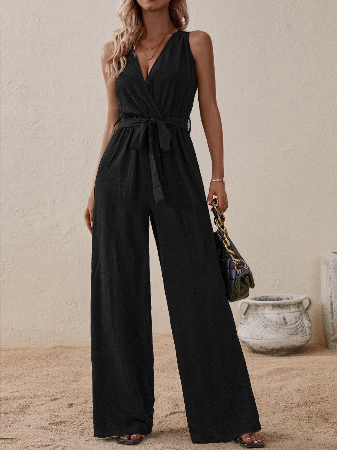 Honey Tied Surplice Sleeveless Wide Leg Jumpsuit - ClubOn