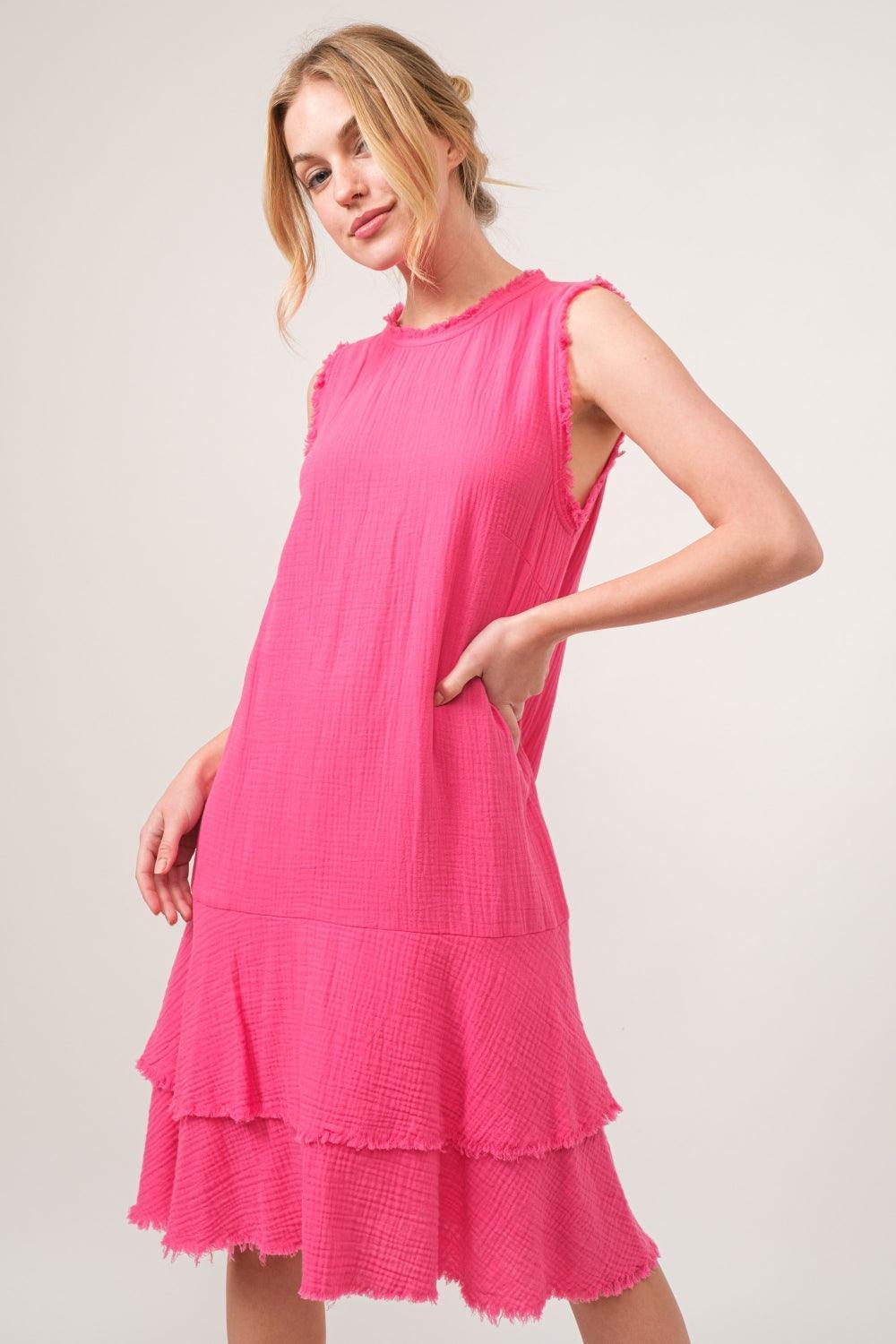 And The Why Washed Fringe Detail Tiered Dress - ClubOn