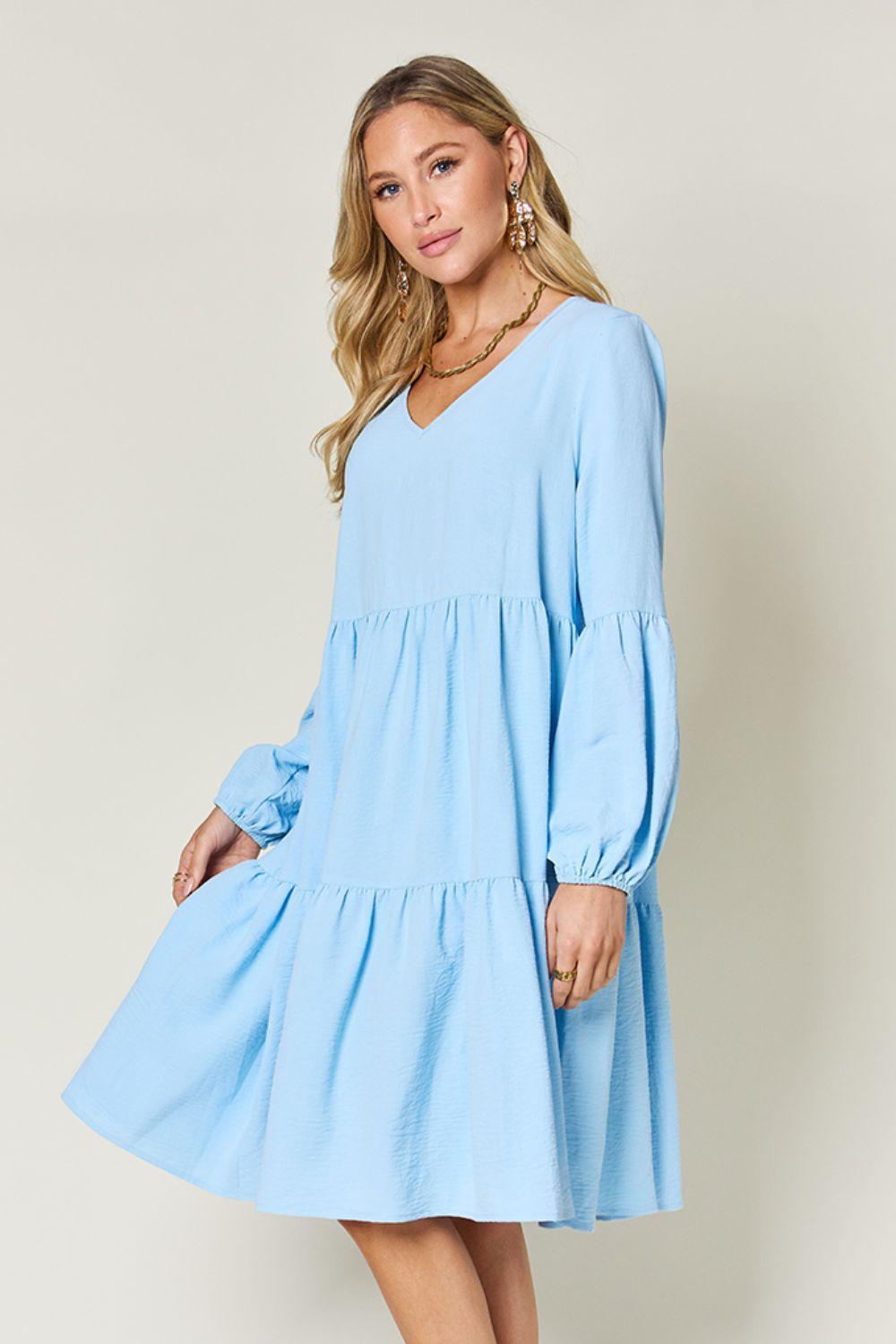 Double Take Full Size V-Neck Balloon Sleeve Tiered Dress with Pockets - ClubOn