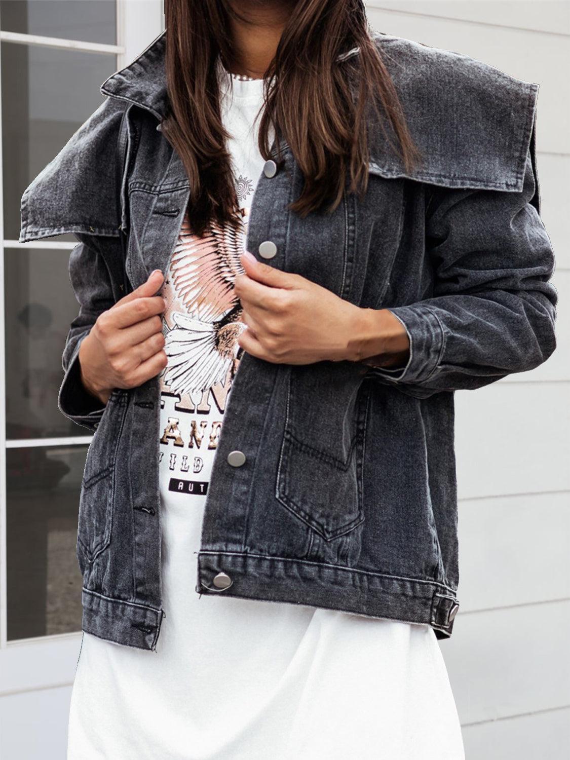 Collared Neck Button Down Denim Jacket - ClubOn