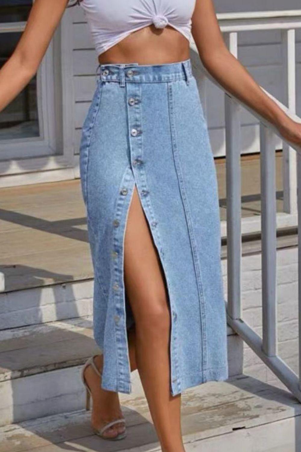 Buttoned Split Denim Skirt - ClubOn