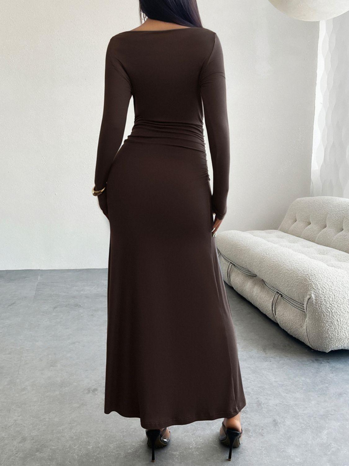 Devine Ruched Long Sleeve Maxi Dress - ClubOn
