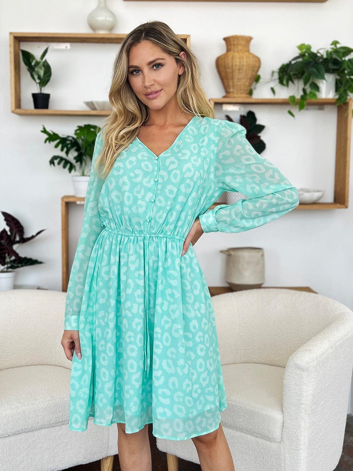 Double Take Full Size Printed Ruched V-Neck Long Sleeve Dress - ClubOn