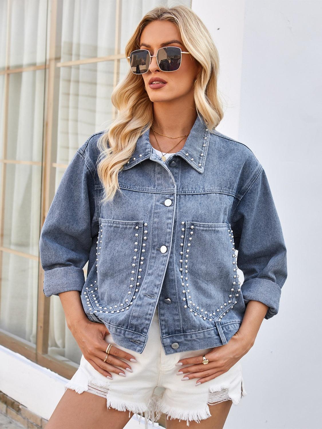 Studded Long Sleeve Denim Jacket - ClubOn