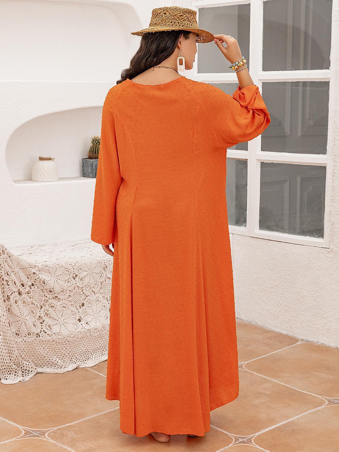 Plus Size Tie Neck Long Sleeve Slit Dress - ClubOn