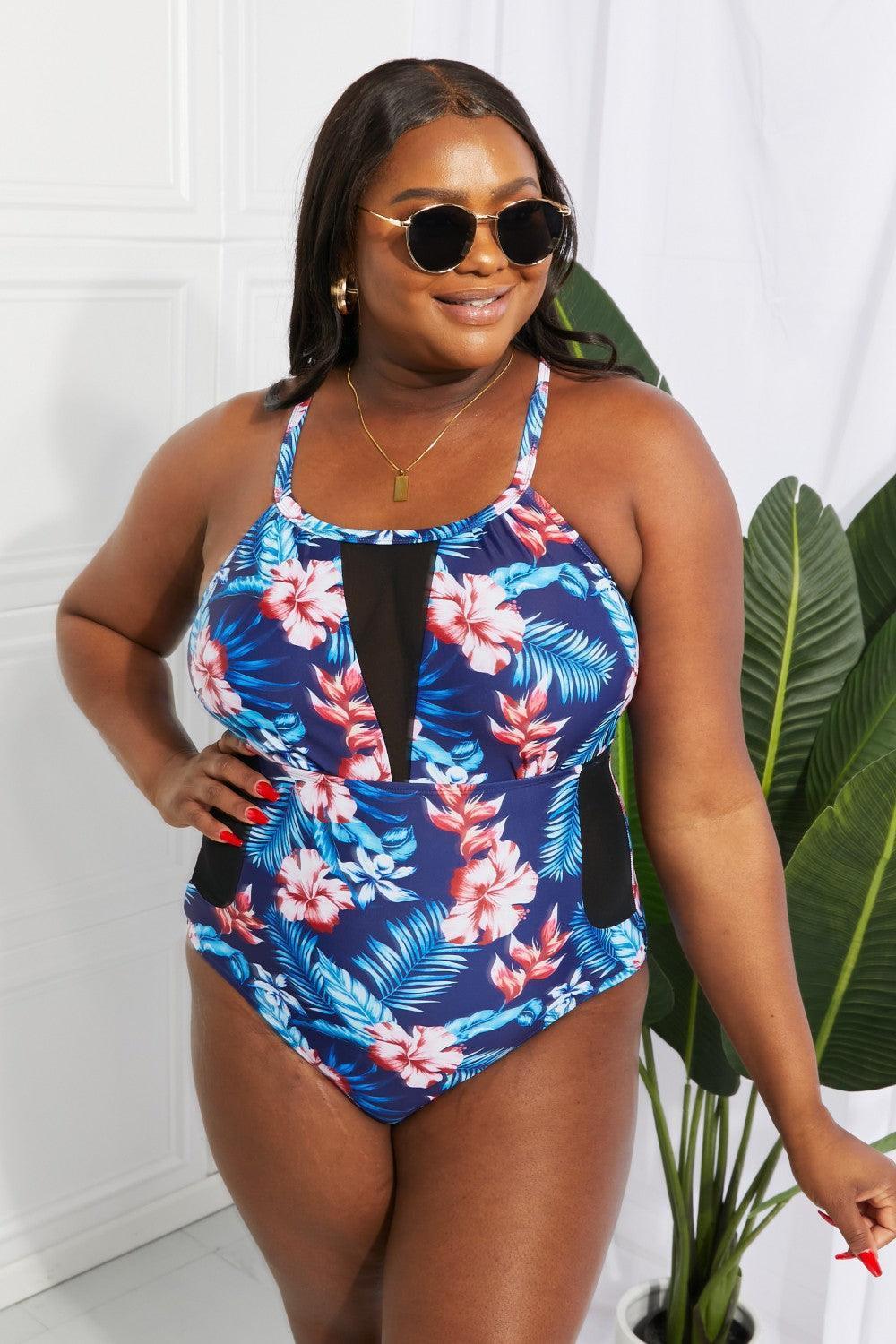 Floral Crisscross Spliced Mesh One-Piece Swimsuit - ClubOn